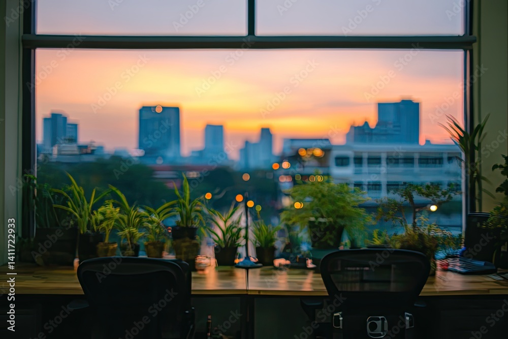 City sunset view from office