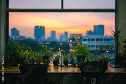 Obraz na płótnie City sunset view from office w salonie