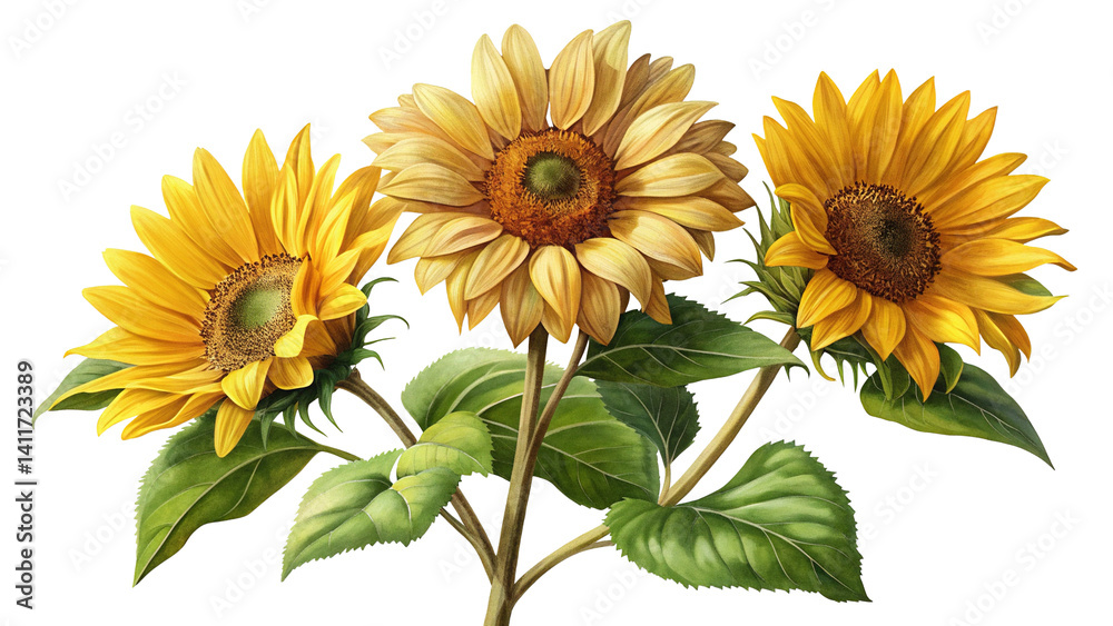 Fototapeta premium Trio of Sunflowers Capturing the Warmth and Beauty of a Summer Day