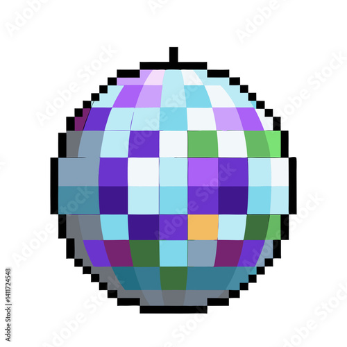 Pixel art representation of disco mirror ball on transparent background