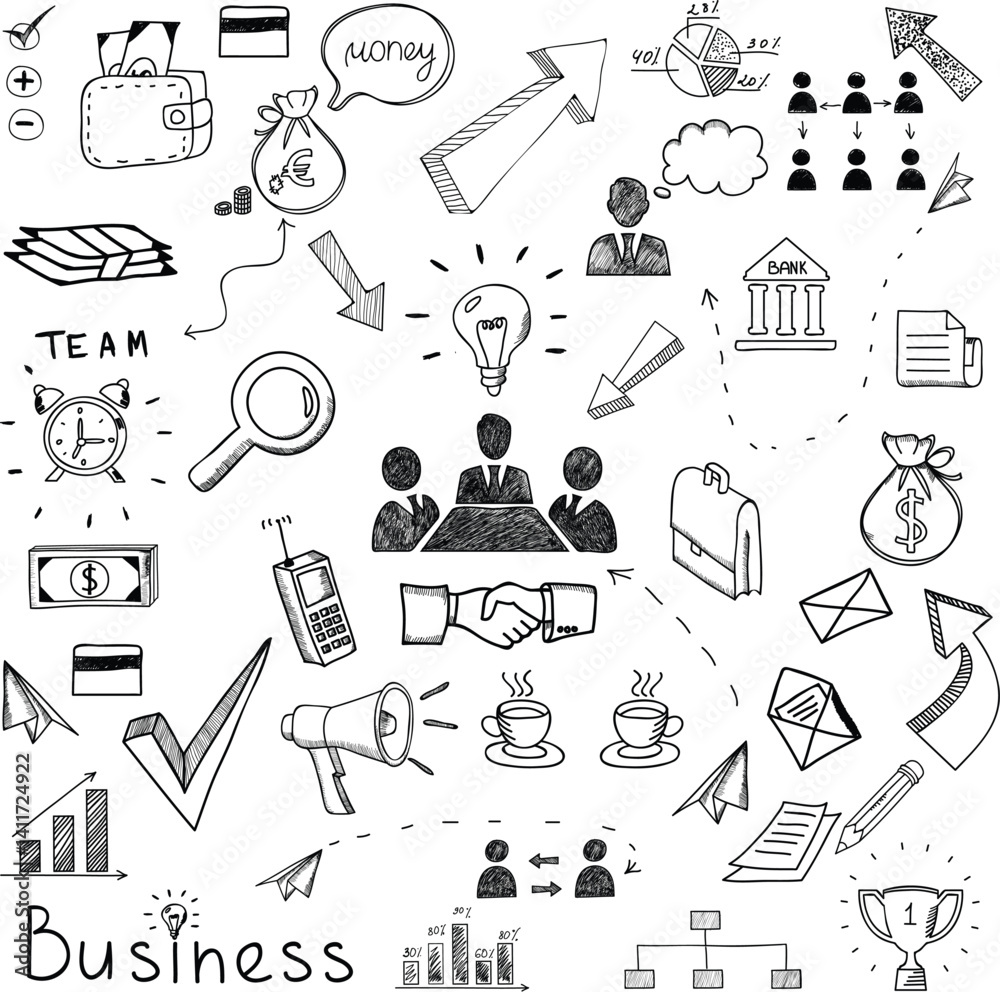 Hand-Drawn Business Doodle Icons – Vector Sketches of Ideas, Diagrams, Light Bulbs, and People Hand-Drawn Business Doodle Icons – Vector Sketches of Ideas, Diagrams, Light Bulbs, and People