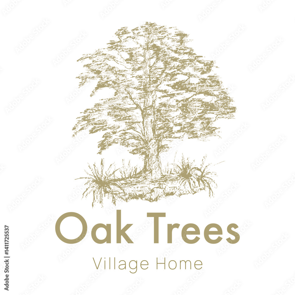 Obraz premium Oak tree logo with hand drawn style for natural brand looks beautiful