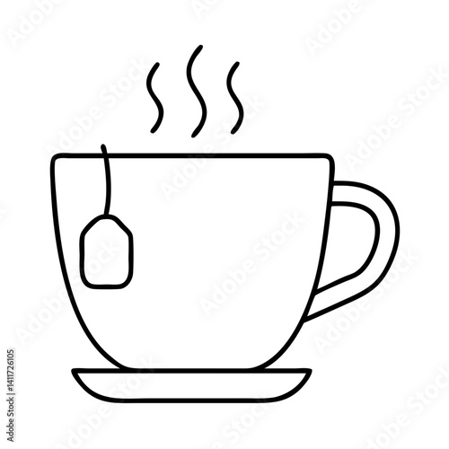 A steaming cup of tea with a tea bag a simple line drawing illustration