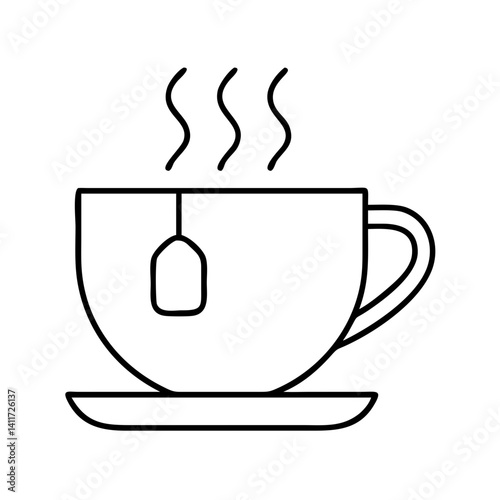 A steaming cup of tea with a teabag in a saucer a simple line drawing