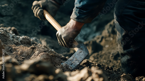 Miner extracting lithium ore from the ground using a pickaxe. Featuring manual labor