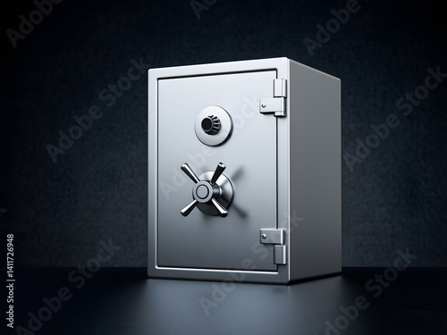 Secure Metal Safe Vault with Combination Lock on Dark Background. A sturdy metal safe vault secured with a combination lock, displayed against a dark and professional backdrop.