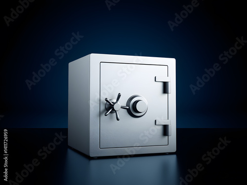 Secure Metal Safe Vault with Combination Lock on Dark Background. A sturdy metal safe vault secured with a combination lock, displayed against a dark and professional backdrop.