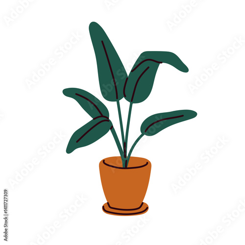Leaf plant in pot. Green houseplant, tropical natural greenery, home indoor interior foliage. Room planter with strelitzia leaves, vegetation. Flat vector illustration isolated on white background