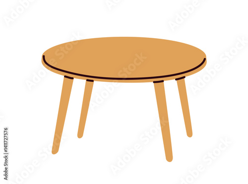 Coffee table, round wooden design. Small low circular coffeetable with legs. Modern retro wood furniture for Scandinavian, mid-century interior. Flat vector illustration isolated on white background