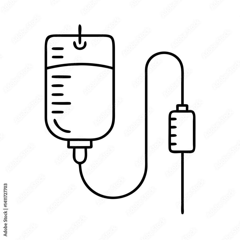 Intravenous Infusion Bag and Drip Chamber Medical Line Art Illustration Intravenous Infusion Bag and Drip Chamber Medical Line Art Illustration