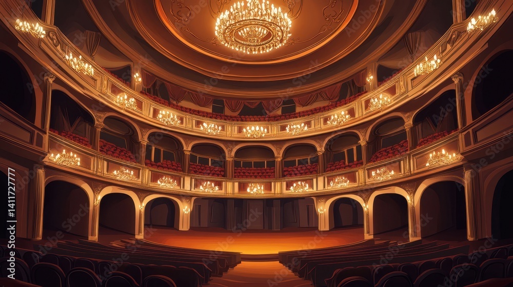 Obraz premium Grand opera house interior, opulent and illuminated.