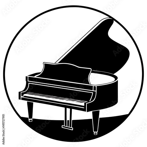 Vector silhouette of a grand piano with a rounded shape and open lid