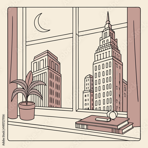 a windowsill with a retro city skyline outside