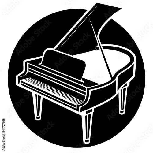 Vector silhouette of a grand piano with a rounded shape and open lid