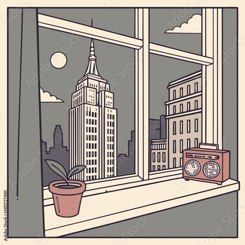a windowsill with a retro city skyline outside
