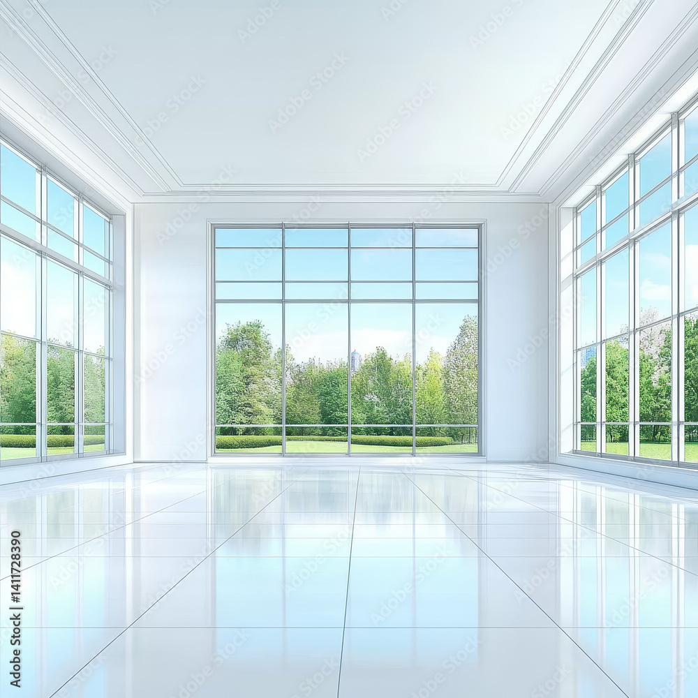 Fototapeta premium Spacious Modern Room with Large Windows and Scenic Outdoor View