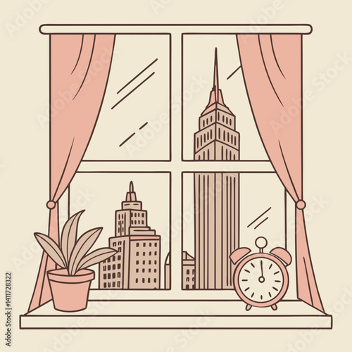 a windowsill with a retro city skyline outside