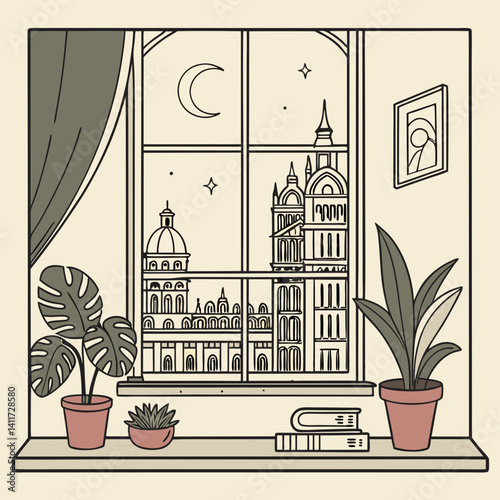 a windowsill with a retro city skyline outside