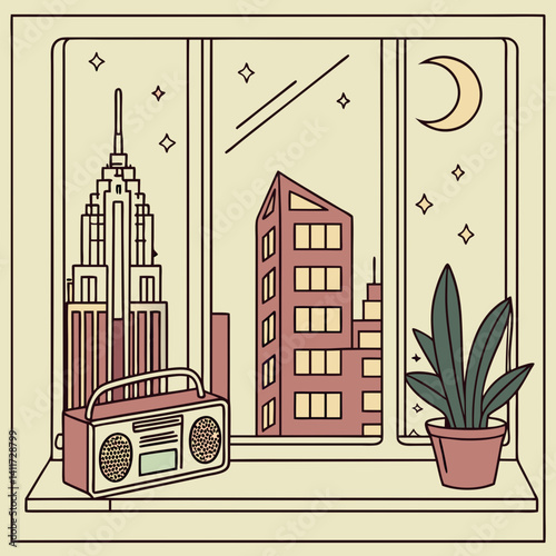 a windowsill with a retro city skyline outside