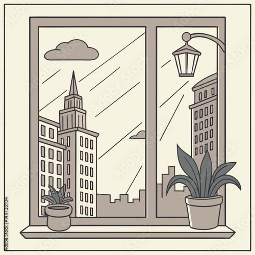 a windowsill with a retro city skyline outside