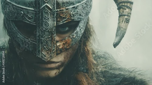 Viking Woman Wearing Horned Helmet in Medieval Setting