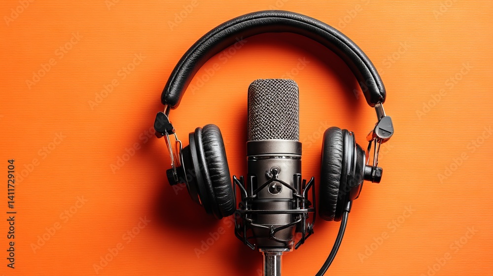 Top‑down view of professional podcasting setup featuring black over‑ear headphones and cardioid studio microphone on bold orange backdrop for modern audio content creation