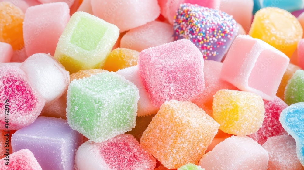 Colorful assortment of gummy candies and sugar cubes on display