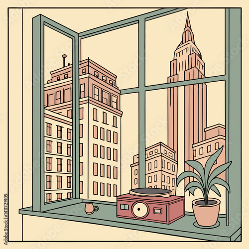 a windowsill with a retro city skyline outside