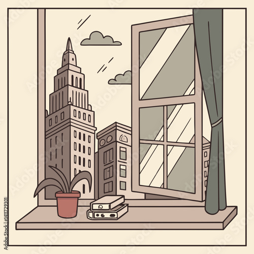 a windowsill with a retro city skyline outside