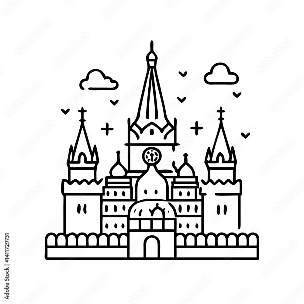 Obraz premium A Line Drawing of the Iconic Spasskaya Tower and Kremlin Walls in Moscow Russia