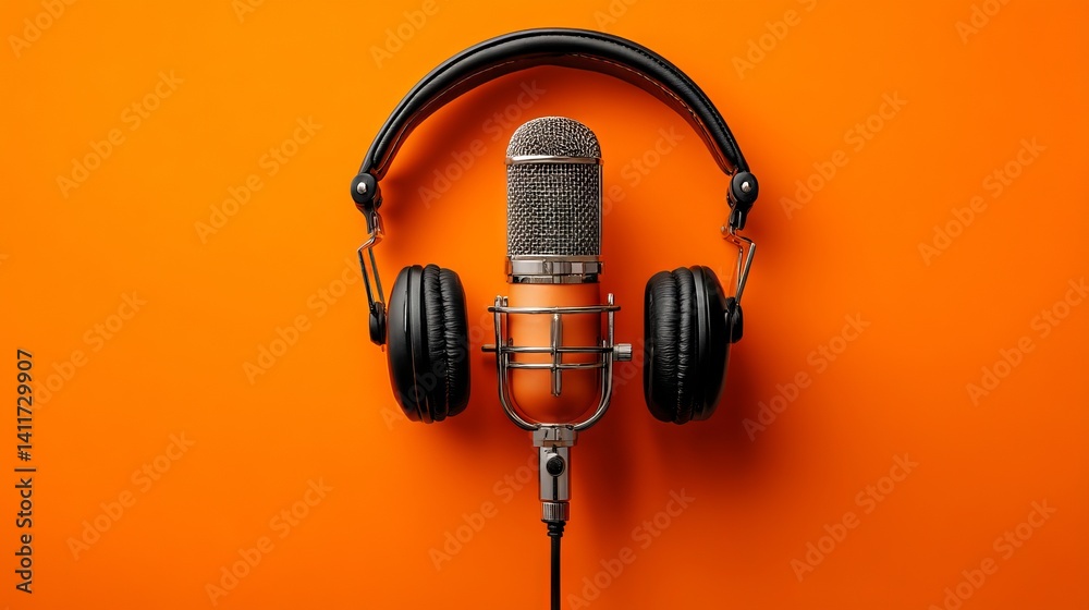Top‑down view of professional podcasting setup featuring black over‑ear headphones and cardioid studio microphone on bold orange backdrop for modern audio content creation