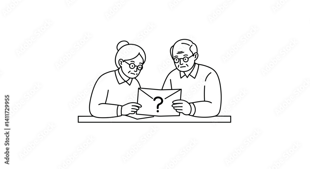 Elderly couple reading suspicious letter in bold monoline style Elderly couple reading suspicious letter in bold monoline style