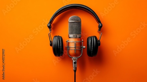 Obraz na płótnie Top‑down view of professional podcasting setup featuring black over‑ear headphones and cardioid studio microphone on bold orange backdrop for modern audio content creation w salonie