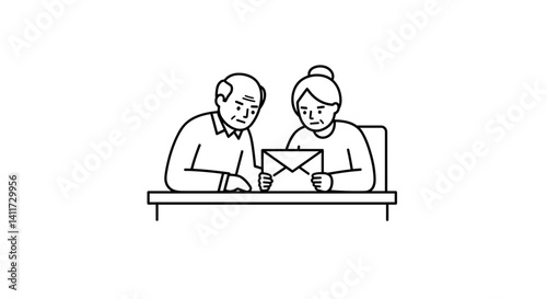 Elderly couple examining letter with concern in minimalist style  