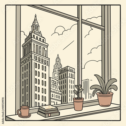 a windowsill with a retro city skyline outside