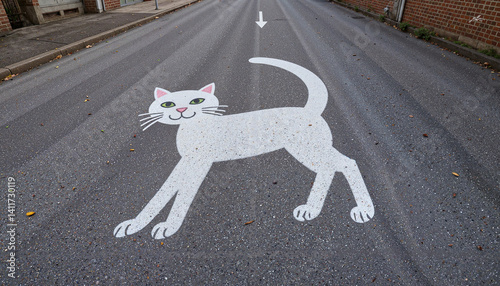 Cartoon cat painting on asphalt road