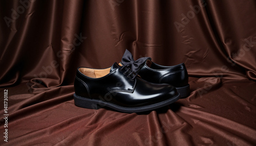 Black dress shoes with shiny finish against brown backdrop