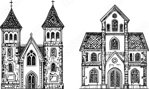 Two Tudor style Churches designs, Tudor style Churches vector graphic