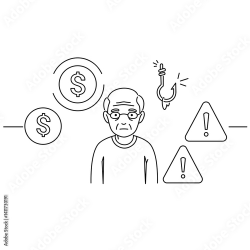 Old man surrounded by scam symbols, exclamation mark, phishing hook, dollar sign