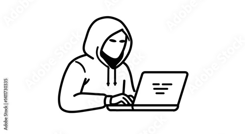 hooded hacker using laptop in bold monoline style  