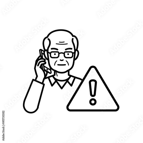Elderly man expressing concern while talking on the phone with a warning sign  