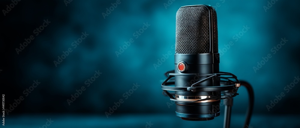 Studio‑grade condenser microphone on vibrant blue backdrop — minimalist recording equipment banner ideal for podcasting, voice‑over, livestream, and music production concepts