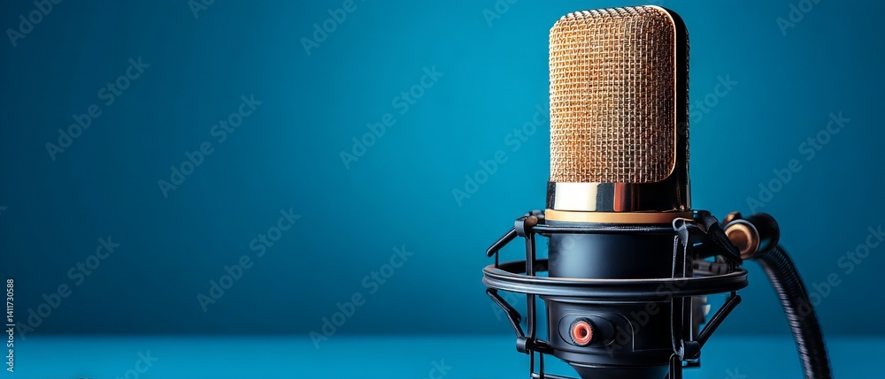Studio‑grade condenser microphone on vibrant blue backdrop — minimalist recording equipment banner ideal for podcasting, voice‑over, livestream, and music production concepts
