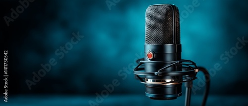 Obraz na płótnie Studio‑grade condenser microphone on vibrant blue backdrop — minimalist recording equipment banner ideal for podcasting, voice‑over, livestream, and music production concepts w salonie