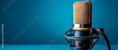Studio‑grade condenser microphone on vibrant blue backdrop — minimalist recording equipment banner ideal for podcasting, voice‑over, livestream, and music production concepts