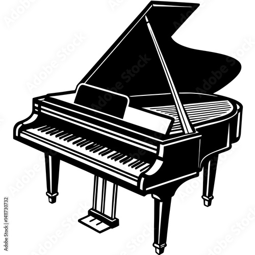 Vector silhouette of a grand piano with the lid fully open