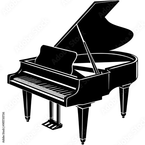 Vector silhouette of a grand piano with the lid fully open