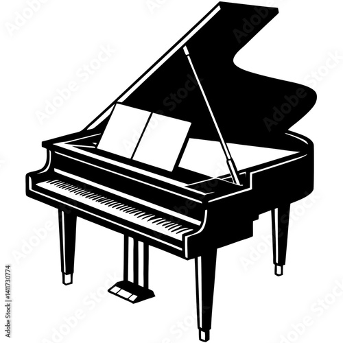 Vector silhouette of a grand piano with the lid fully open