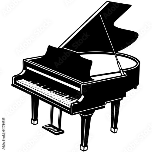 Vector silhouette of a grand piano with the lid fully open