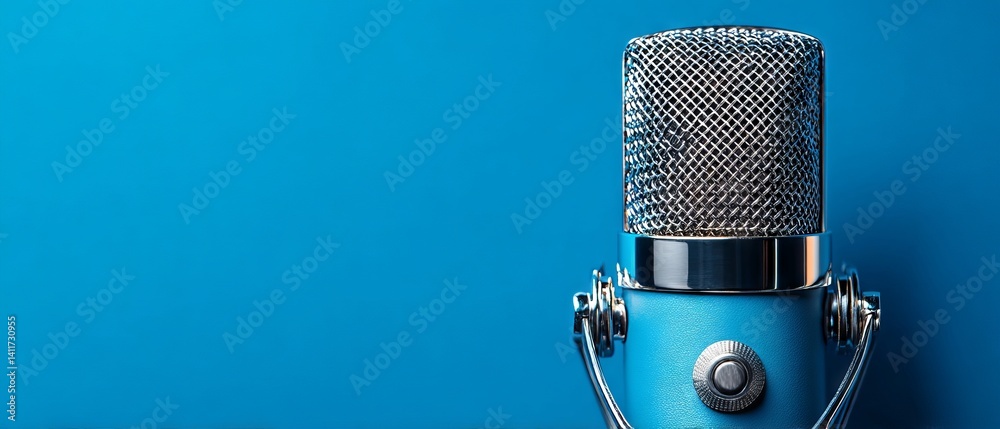 Studio‑grade condenser microphone on vibrant blue backdrop — minimalist recording equipment banner ideal for podcasting, voice‑over, livestream, and music production concepts